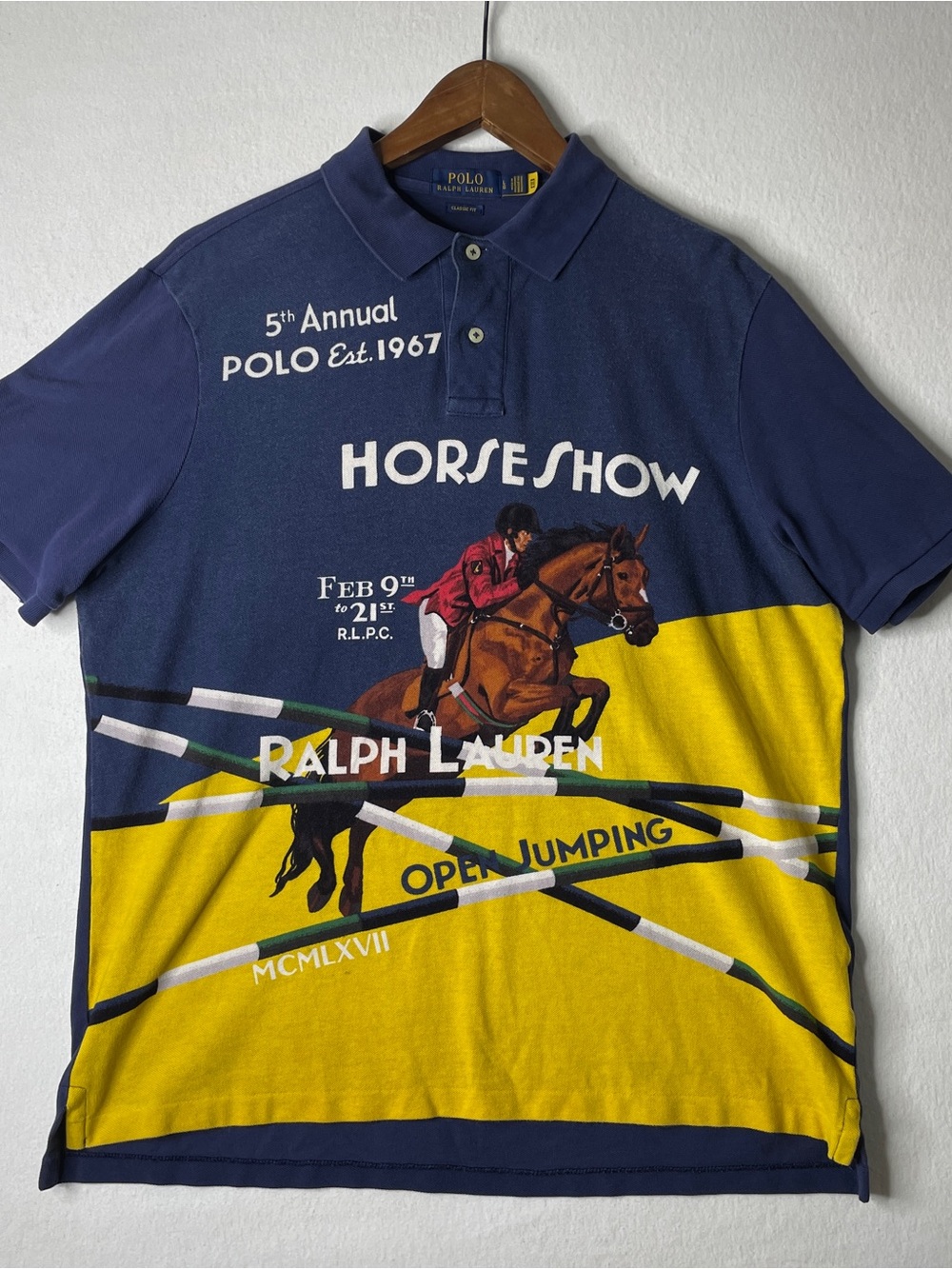 Polo Ralph Lauren Polo Shirt Mens Large Blue Classic Fit Jumping Horse Show